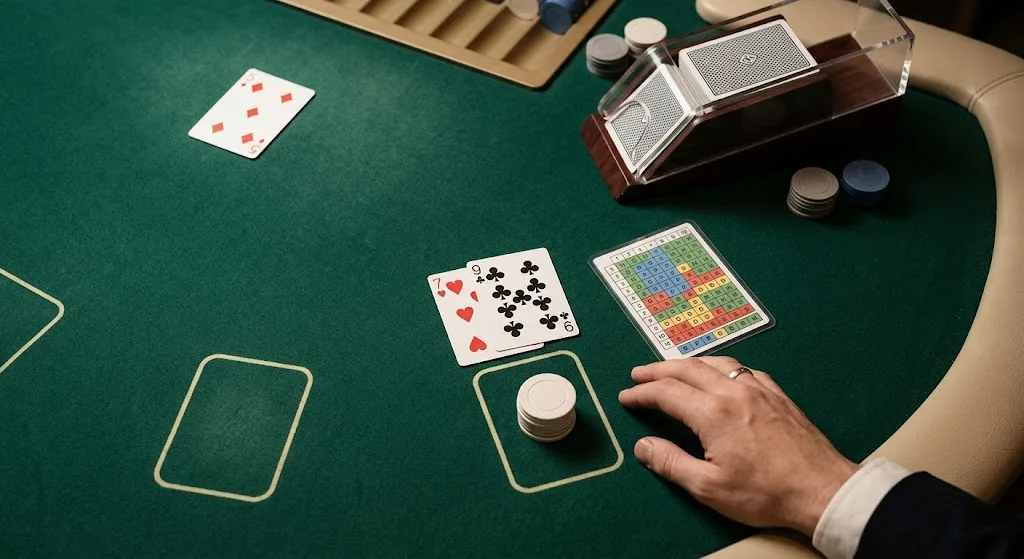 En blackjackhand med två kort, marker och ett strategikort på ett grönt spelbord.