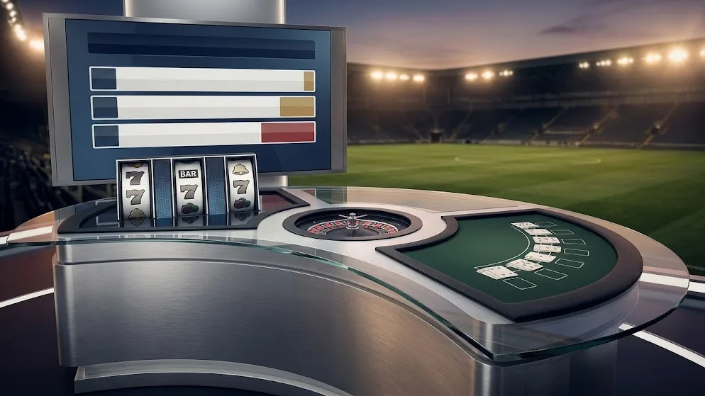 En podiumscen framför en fotbollsarena med en slotmaskin, ett roulettehjul och ett blackjackbord.